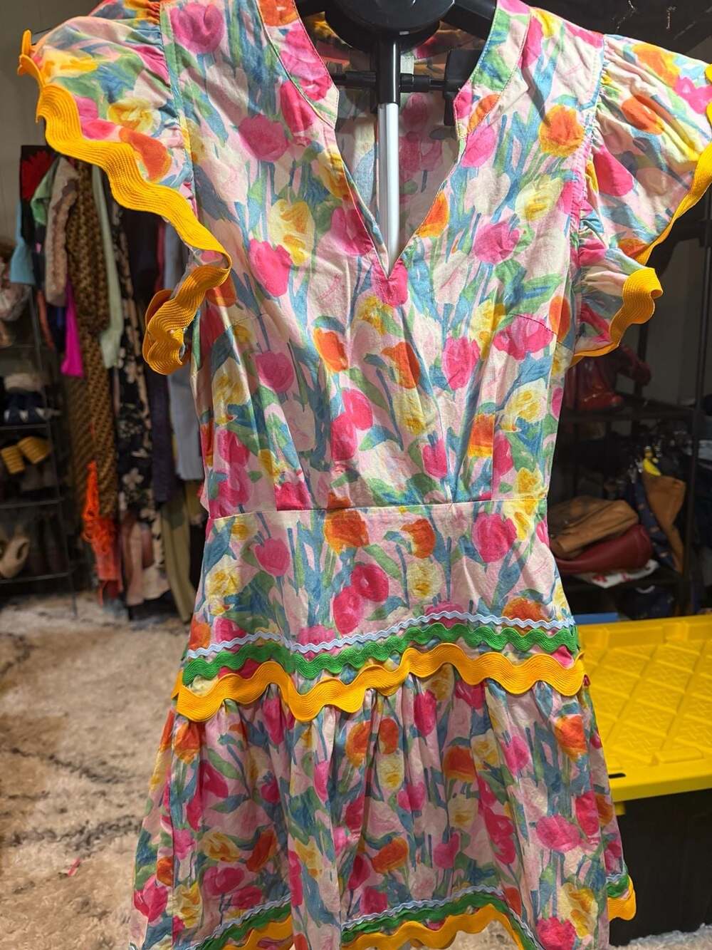Entro Floral Pattern Ric Rac Trim Ruffle Sleeve Dress - Picture 3 of 6